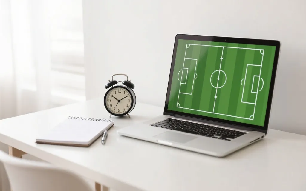 书桌上放着赛程笔记与闹钟，电脑屏幕显示足球战术板的清晨观赛场景