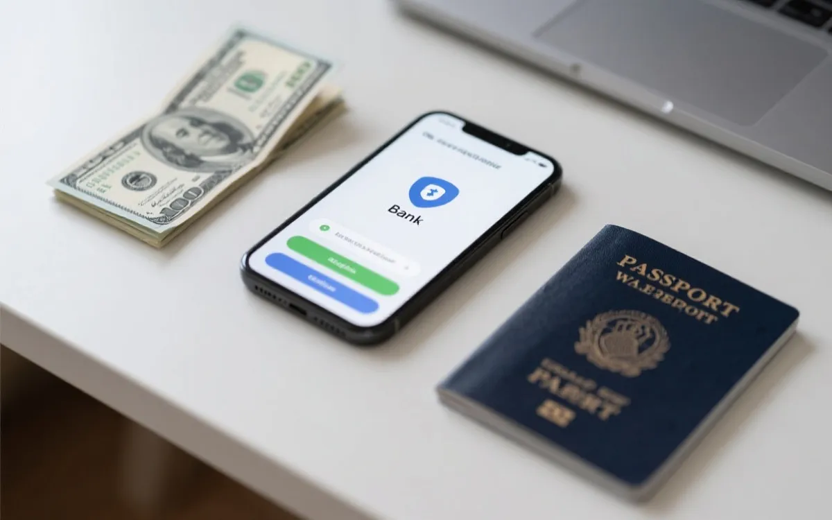 手机银行界面与旅行票据并排放在桌面上的安全准备场景